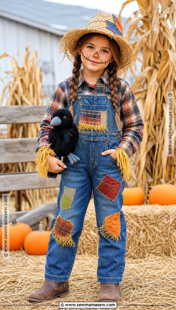 Kids Scarecrow Costume With Patchwork Overalls - 35 kids halloween costume ideas