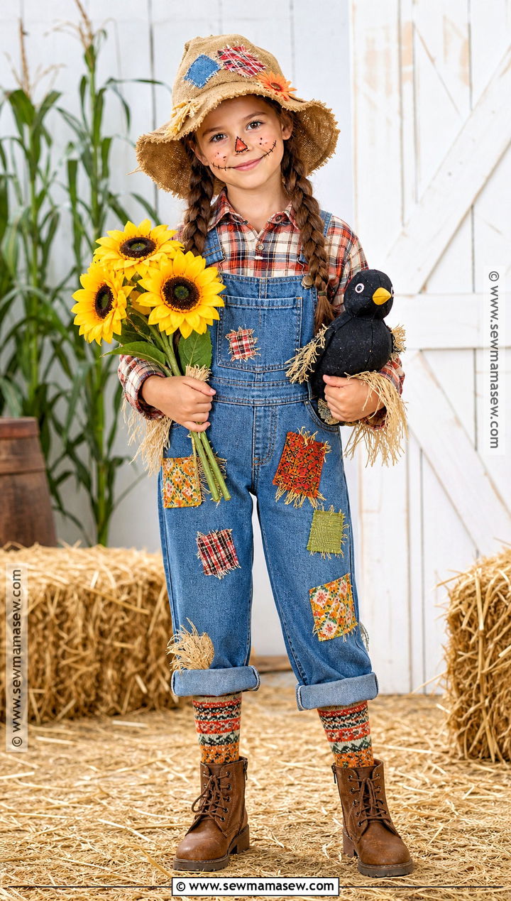 Kids Scarecrow Costume With Patchwork Overalls - 35 kids costume ideas