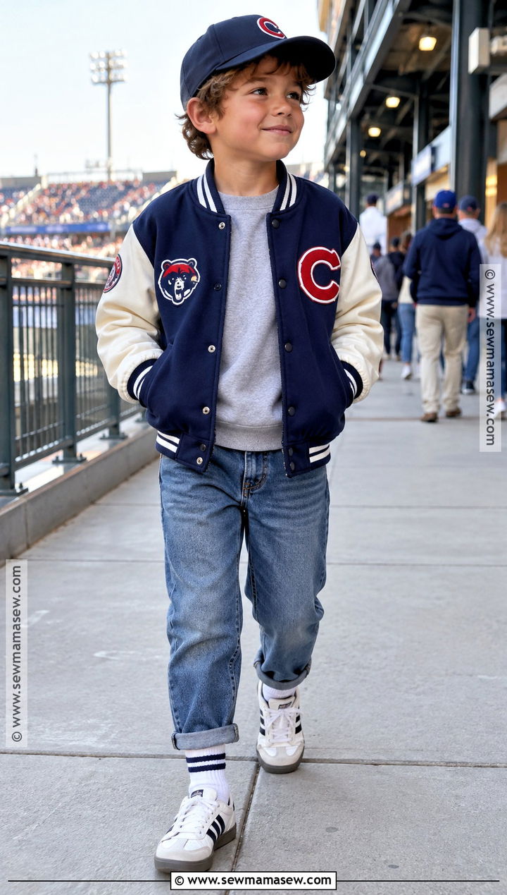 Kids Varsity Jacket And Relaxed Jeans Outfit - 15 Fun Fall Fashion Ideas for Kids