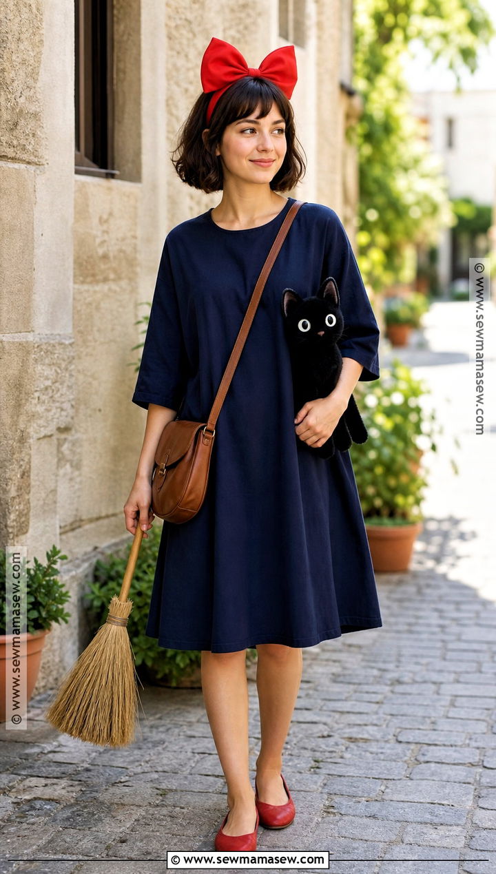 Kiki Costume With Navy Dress And Red Bow - 30 Solo Halloween Costumes Women Brunette