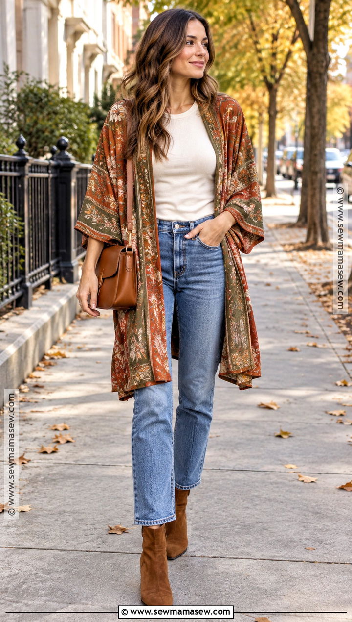 Kimono With Straight Leg Jeans And Ankle Boots - 15 fall kimono outfit ideas