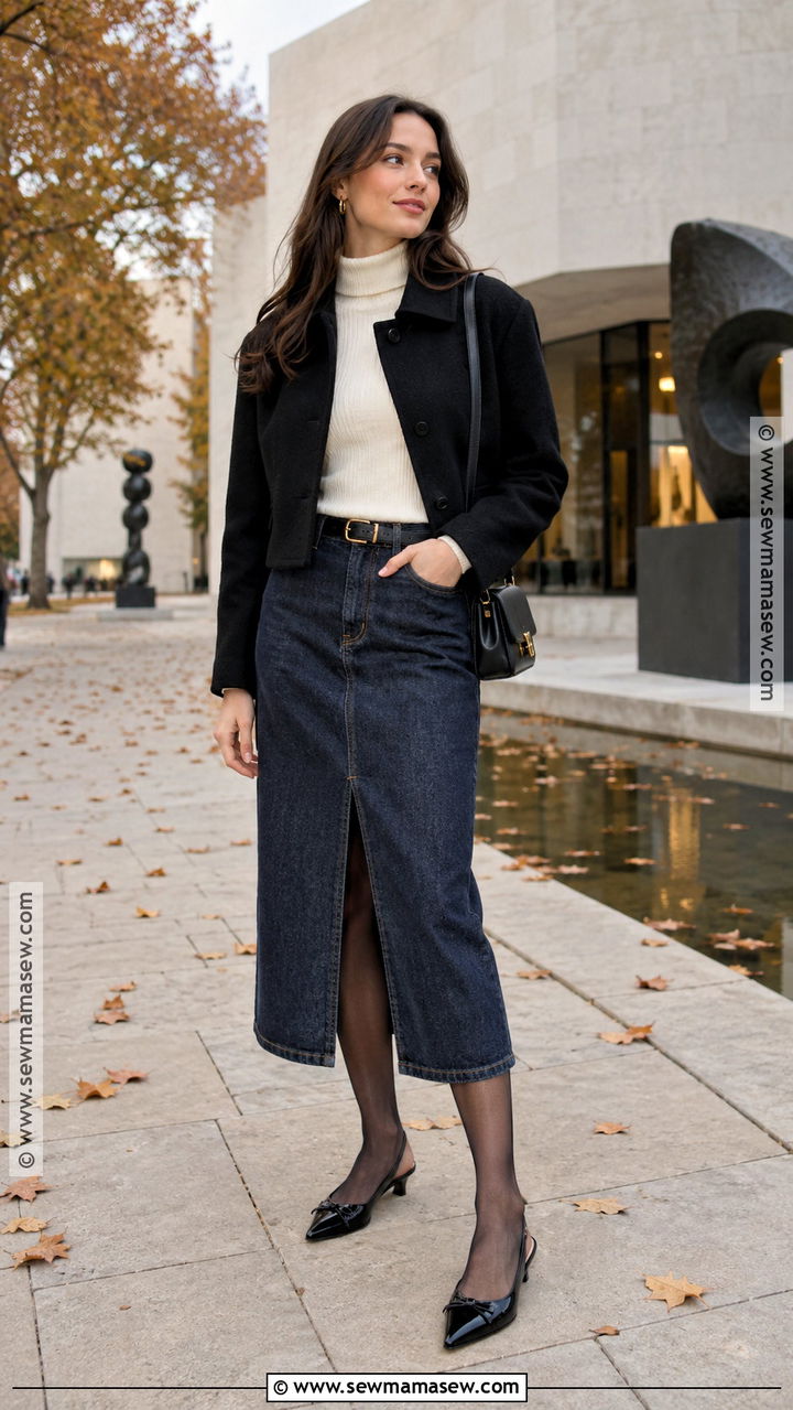 Kitten Heels With Denim Midi Skirt and Turtleneck - 20 kitten heels outfit fall