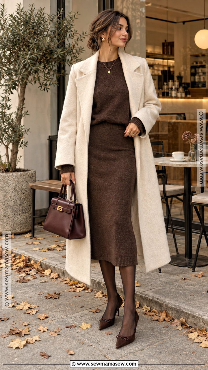 Kitten Heels With Knit Skirt Set and Long Coat - 20 kitten heels outfit fall