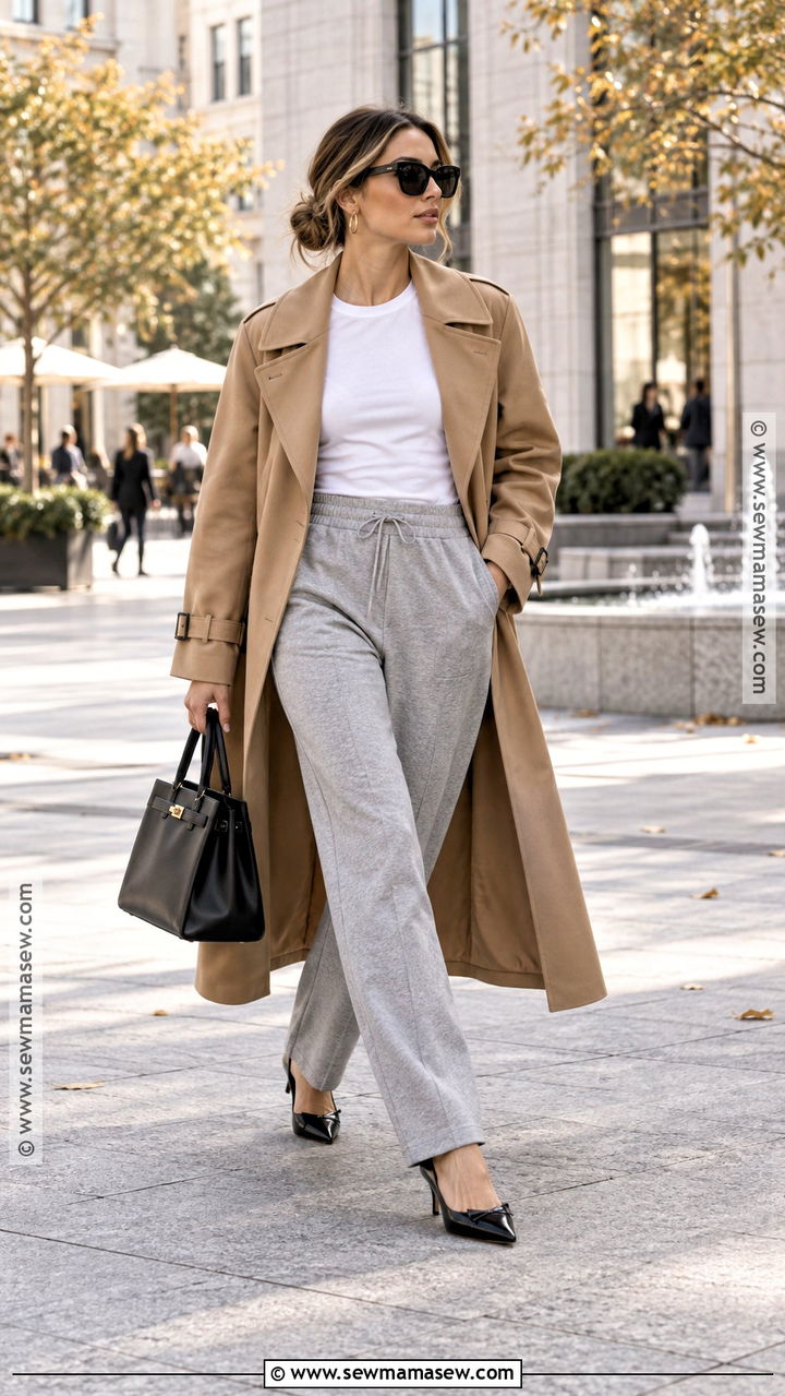 Kitten Heels With Sweatpants and Trench Coat - 20 kitten heels outfit fall