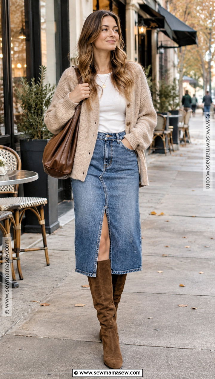 Knee High Boots With A Denim Skirt And Cardigan - 20 knee high boots outfit autumn