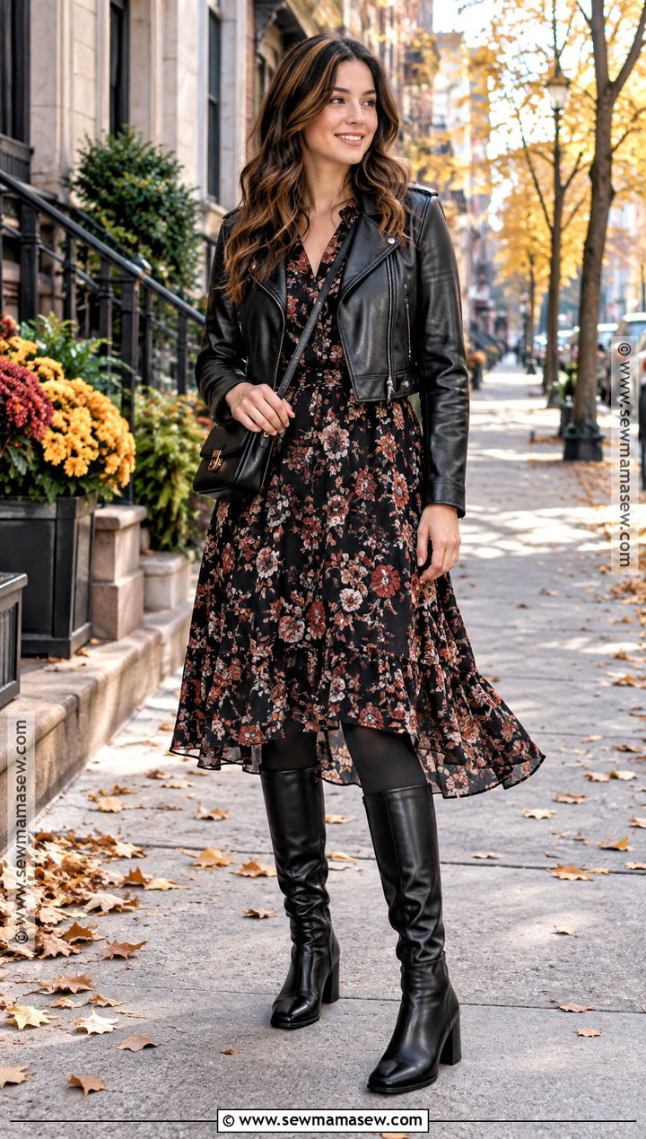 Knee High Boots With A Floral Dress And Leather Jacket - 20 fall high boots outfit