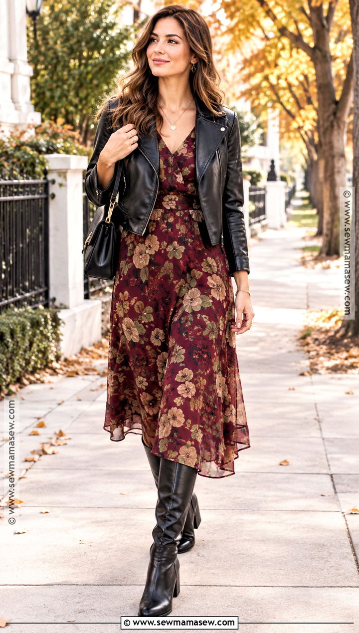 Knee High Boots With A Floral Midi Dress - 20 knee high boots outfit autumn