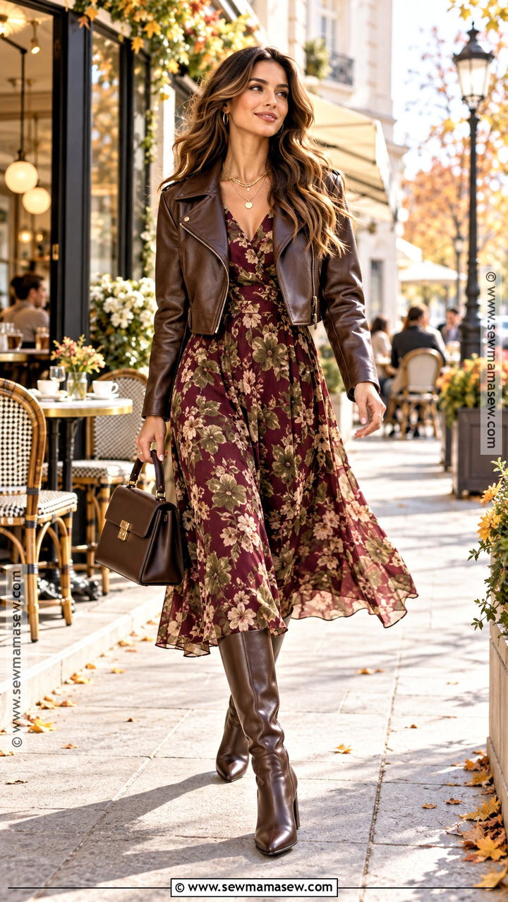 Knee High Boots With Floral Midi Dress - 20 fall knee high boots outfits