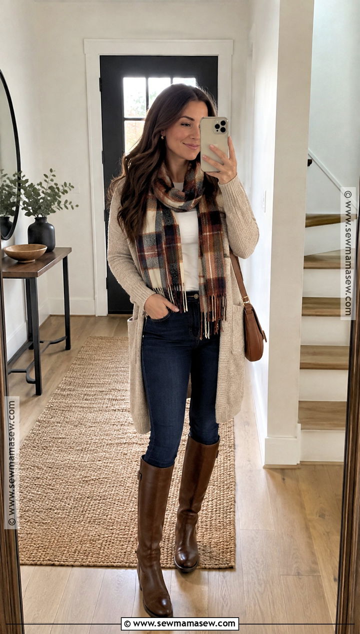 Knee High Boots With Long Cardigan And Jeans - 20 knee boots outfit fall