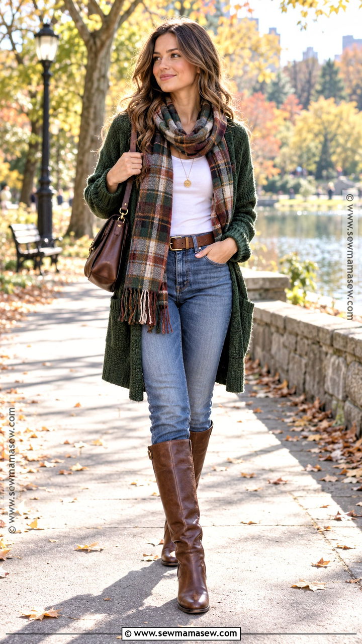 Knee High Boots With Oversized Cardigan And Jeans - 20 fall knee high boots outfits