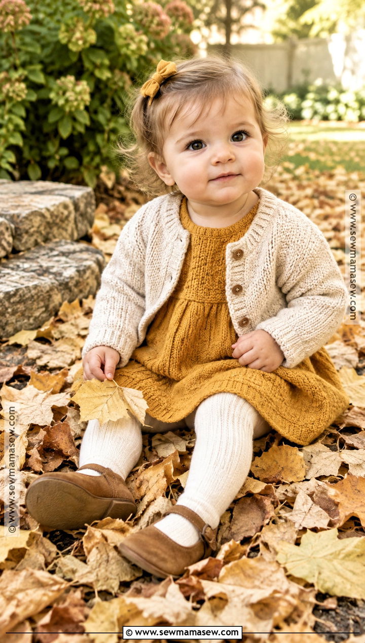Knit Baby Dress With Tights And Cardigan - 15 cozy fall baby outfit ideas
