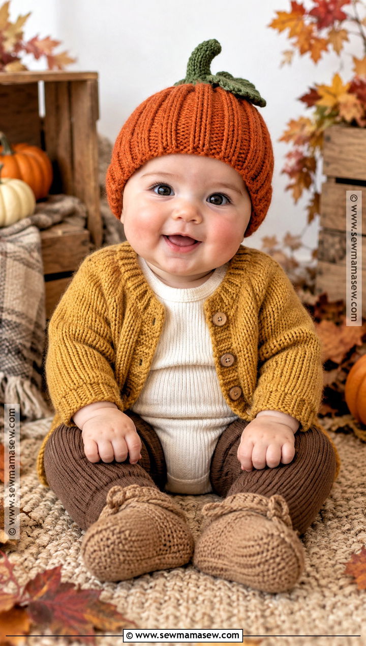 Knit Baby Pumpkin Hat With Mustard Cardigan - 20 baby pumpkin hat ideas