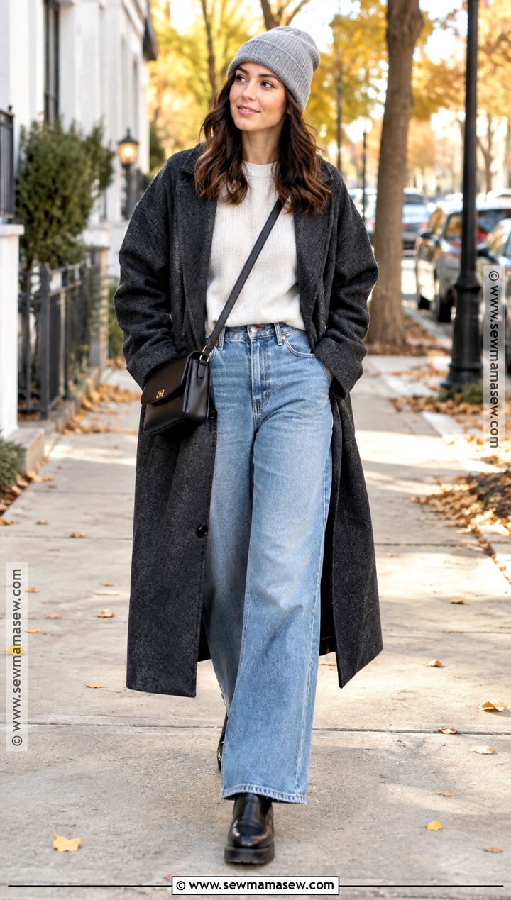 Knit Beanie With Oversized Coat And Wide Leg Jeans - 15 Fall Fashion Hat Ideas