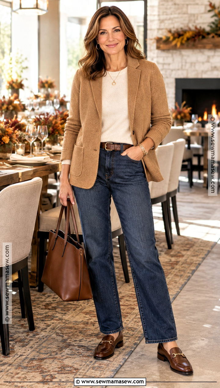 Knit Blazer And Relaxed Jeans Thanksgiving Outfit - 25 Comfy Thanksgiving Outfit Ideas