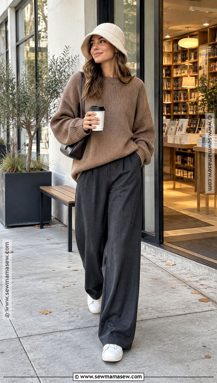 Knit Bucket Hat With Oversized Sweater and Wide Leg Pants - 20 fall hat ideas