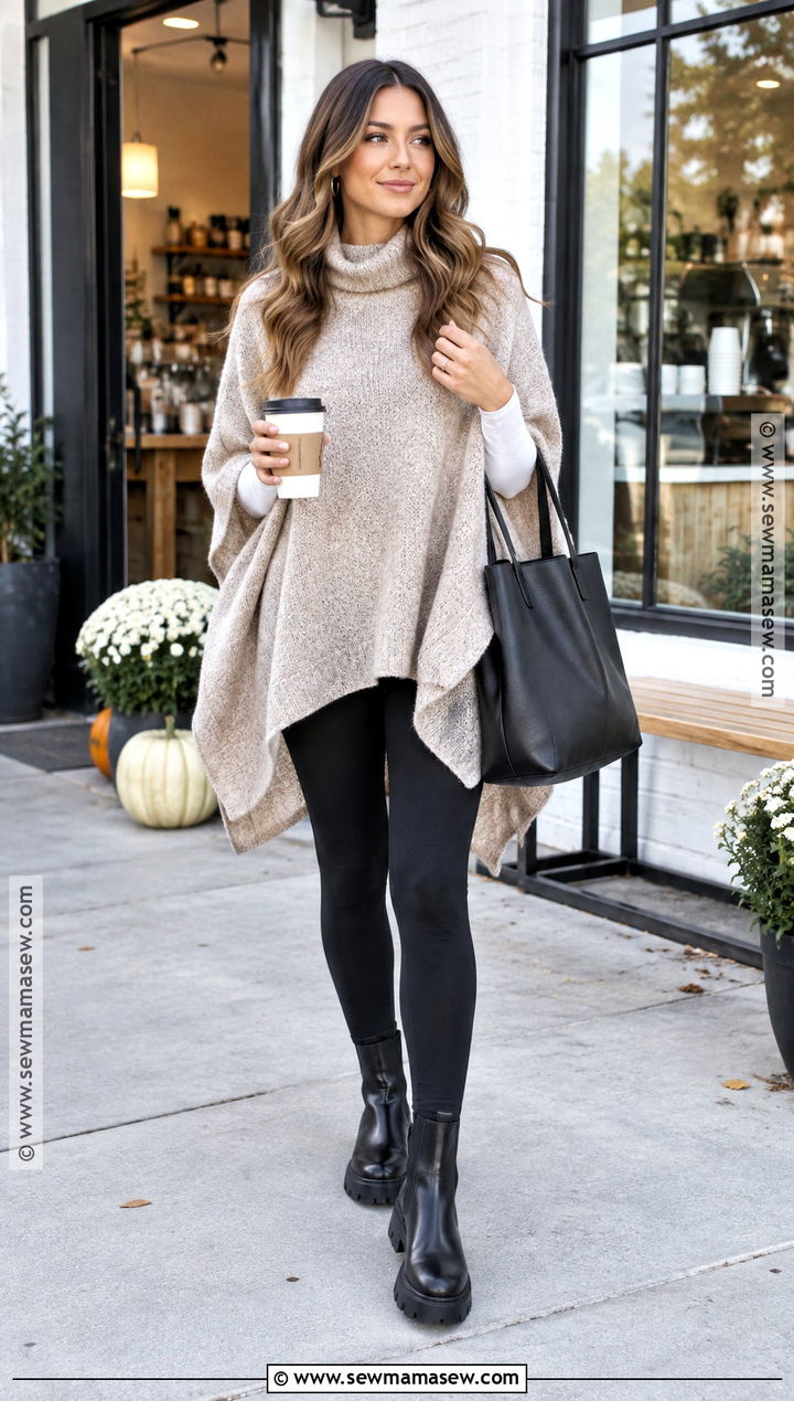 Knit Cape With Leggings And Chelsea Boots - 15 Fall Capes Ideas