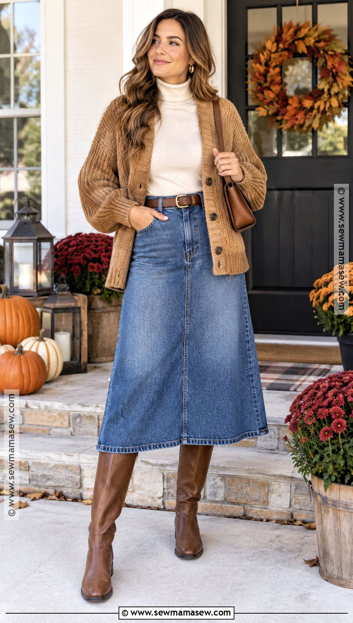 Knit Cardigan and Denim Midi Skirt Pumpkin Patch Outfit - 15 pumpkin patch style ideas
