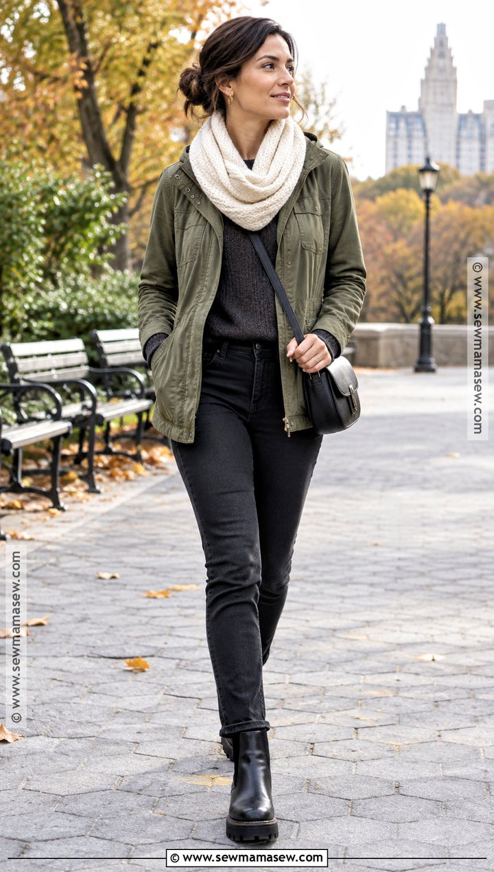 Knit Cowl With Utility Jacket Outfit - 15 Knit Accessories Fall Fashion