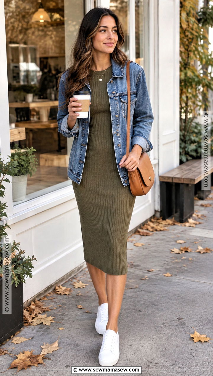 Knit Dress And Denim Jacket Fall Coffee Run Outfit - 15 coffee run outfit fall ideas