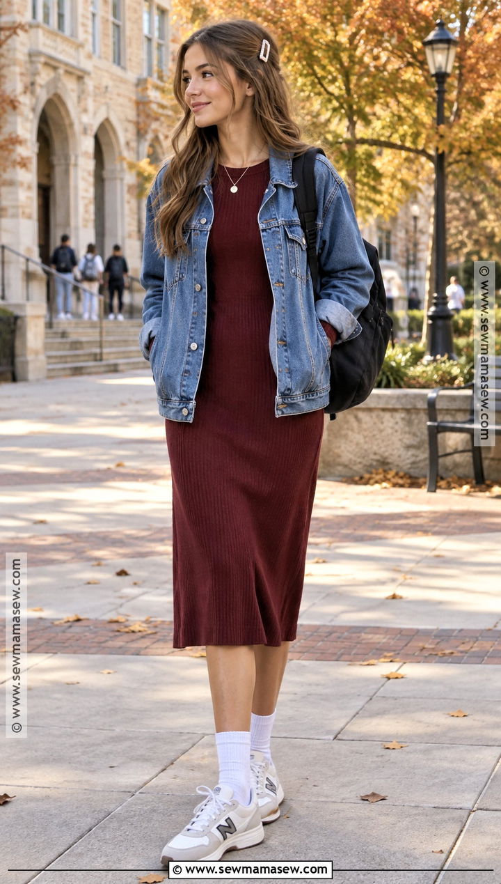 Knit Dress And Denim Jacket School Outfit - 20 comfy school outfits fall
