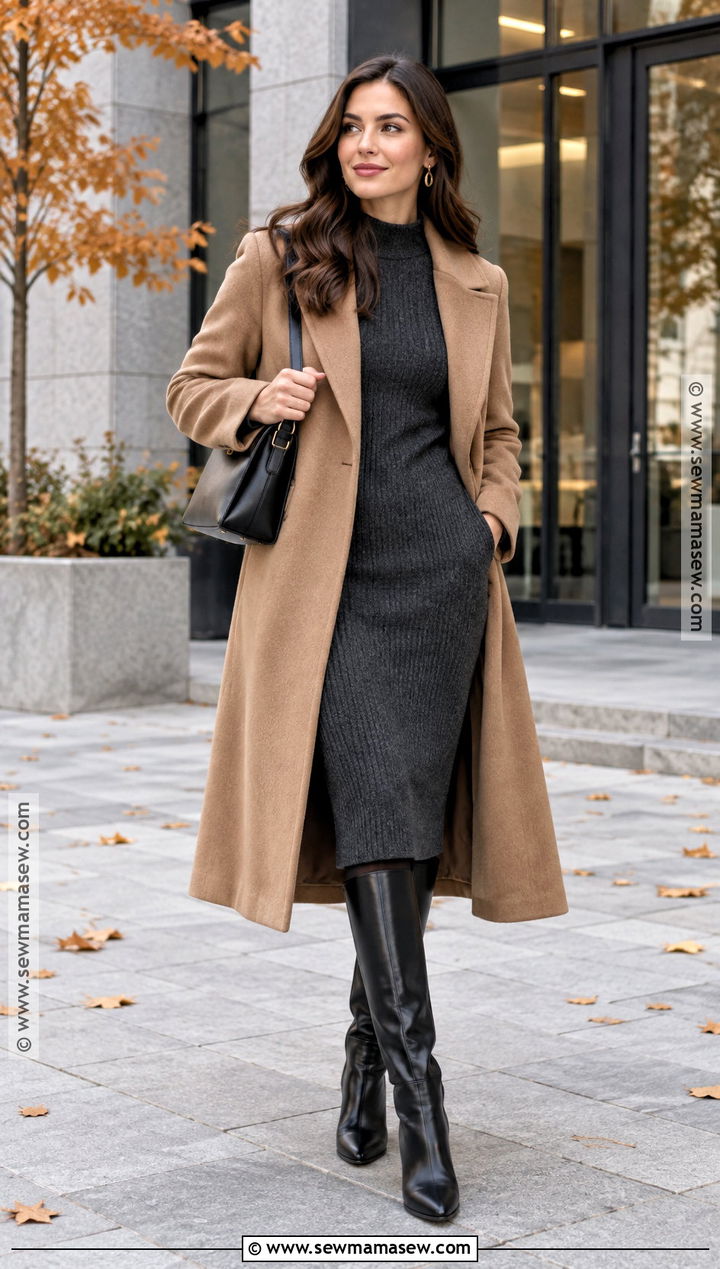 Knit Dress And Long Coat Fall Outfit - 20 fall minimalist outfit ideas