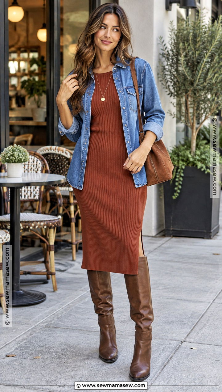 Knit Dress and Denim Shirt Fall Layered Outfit - 20 fall layers outfits