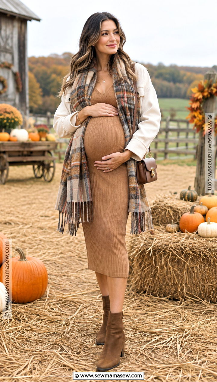 Knit Dress and Plaid Scarf Maternity Pumpkin Patch Outfit - 20 Pumpkin Patch Photoshoot Outfits
