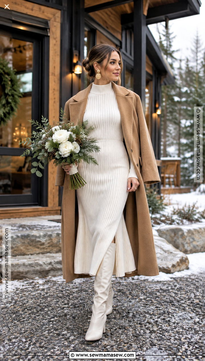 Knit Elopement Dress With Long Coat - 15 November Elopement Dress Ideas