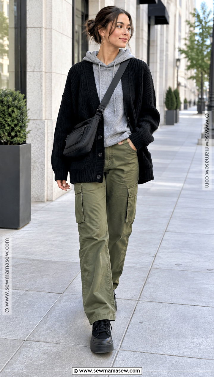 Knit Hoodie And Long Cardigan Stack With Cargo Pants - 15 fall winter sweater stack ideas
