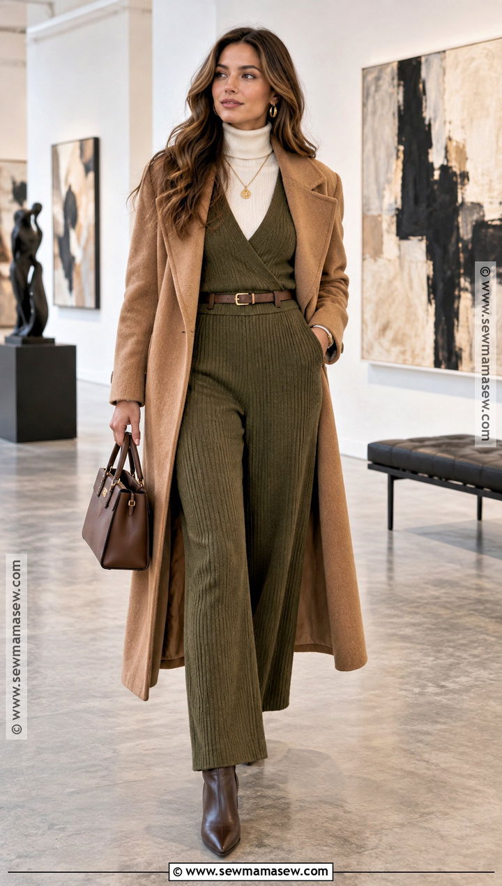 Knit Jumpsuit And Long Coat Autumn Outfit - 30 warm autumn outfits
