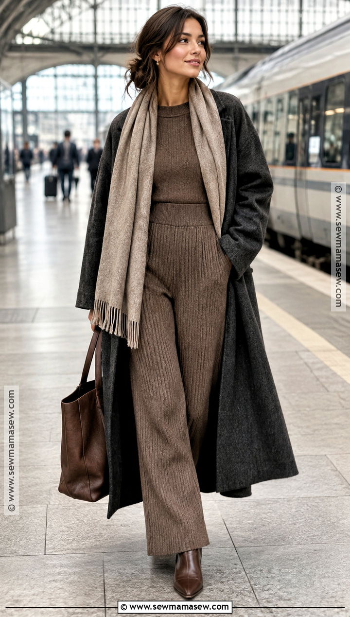 Knit Jumpsuit With Long Coat - 15 fall fashion jumpsuit ideas