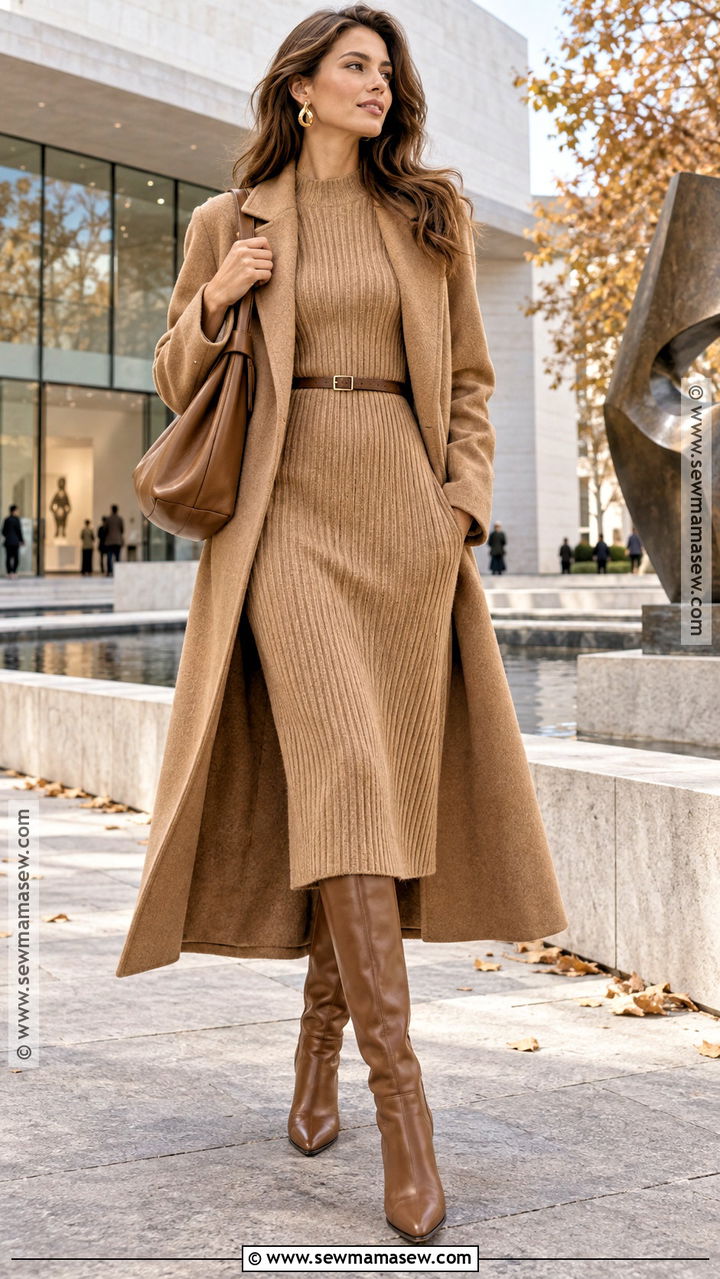 Knit Long Sleeve Fall Dress Outfit With Tall Boots - 20 Long Sleeve Fall Outfits