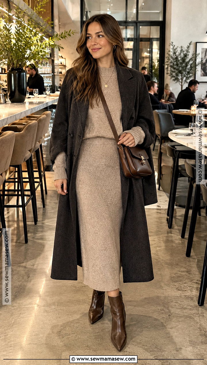 Knit Matching Set And Long Coat Autumn Dinner Outfit - 15 Autumn Dinner Outfit Ideas