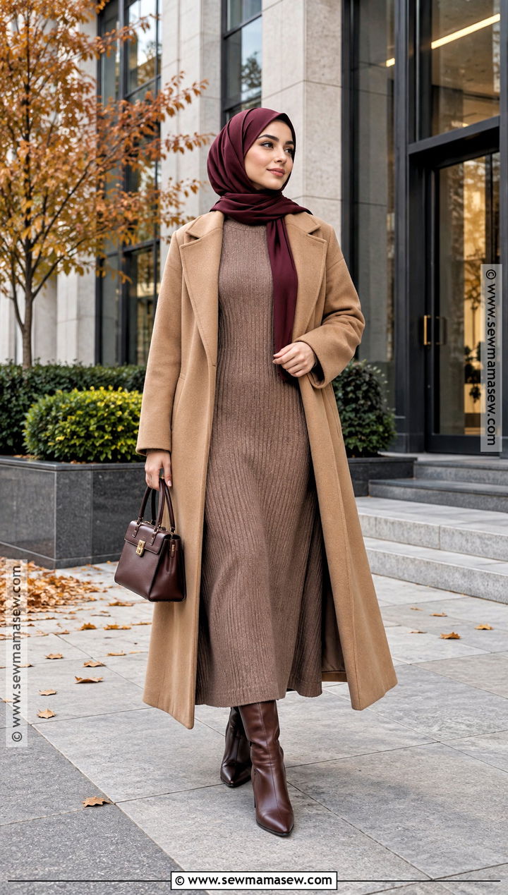 Knit Maxi Dress And Long Coat Outfit - 20 fall outfits for hijabis