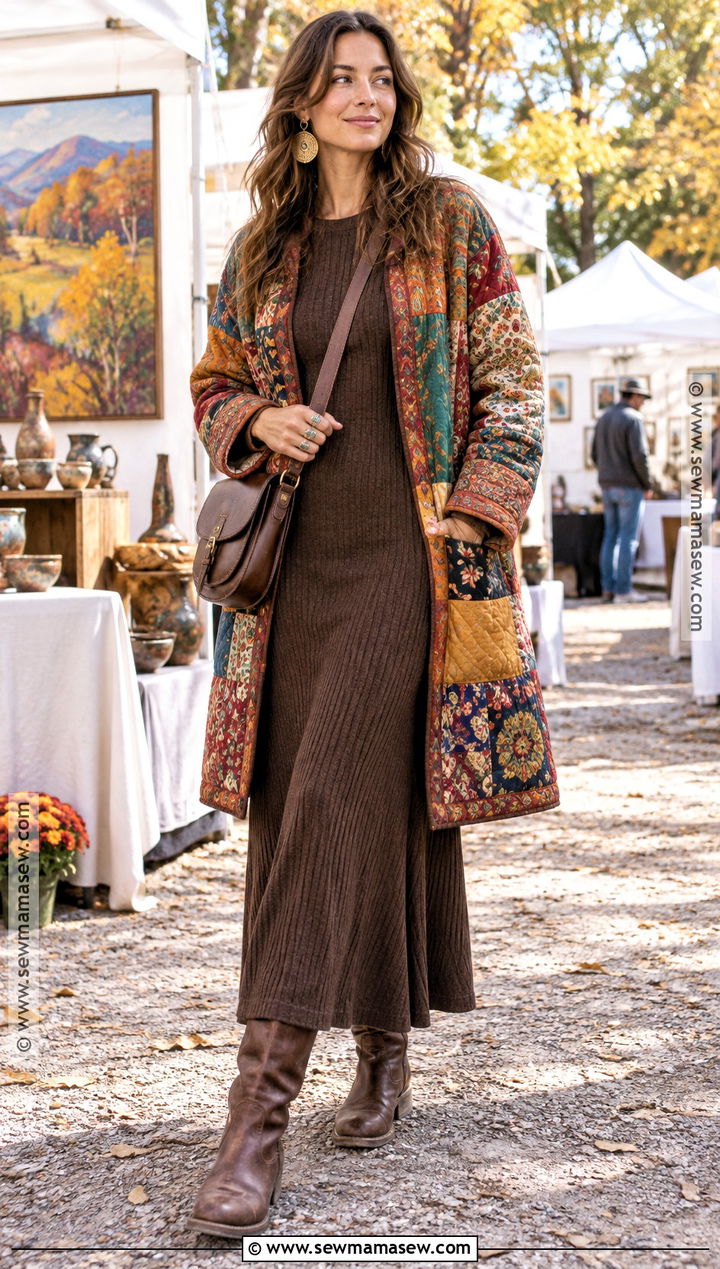 Knit Maxi Dress And Patchwork Coat Autumn Hippie Outfit - 20 autumn hippie outfits