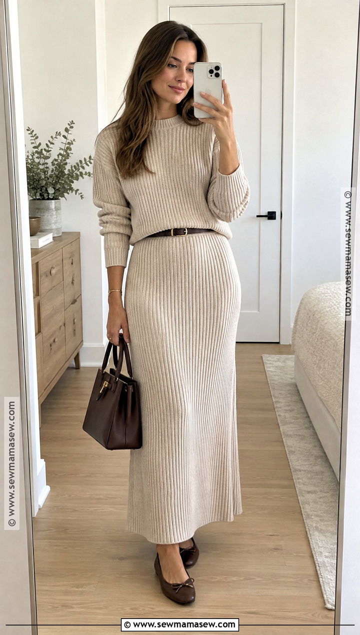 Knit Maxi Skirt With Matching Sweater And Ballet Flats - 20 Autumn Maxi Skirt Outfit Ideas