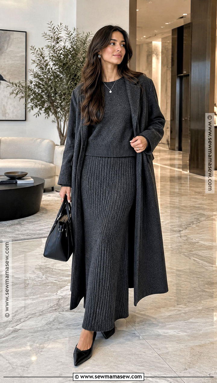 Knit Maxi Skirt With Matching Sweater And Flats - 25 skirt outfits fall