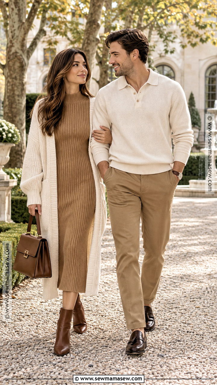 Knit Midi Dress And Cardigan Autumn Couple Outfit - 20 autumn couple outfit ideas