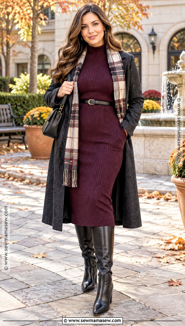 Knit Midi Dress And Knee High Boots Church Outfit - 15 Church Outfit Inspo For Fall Ideas
