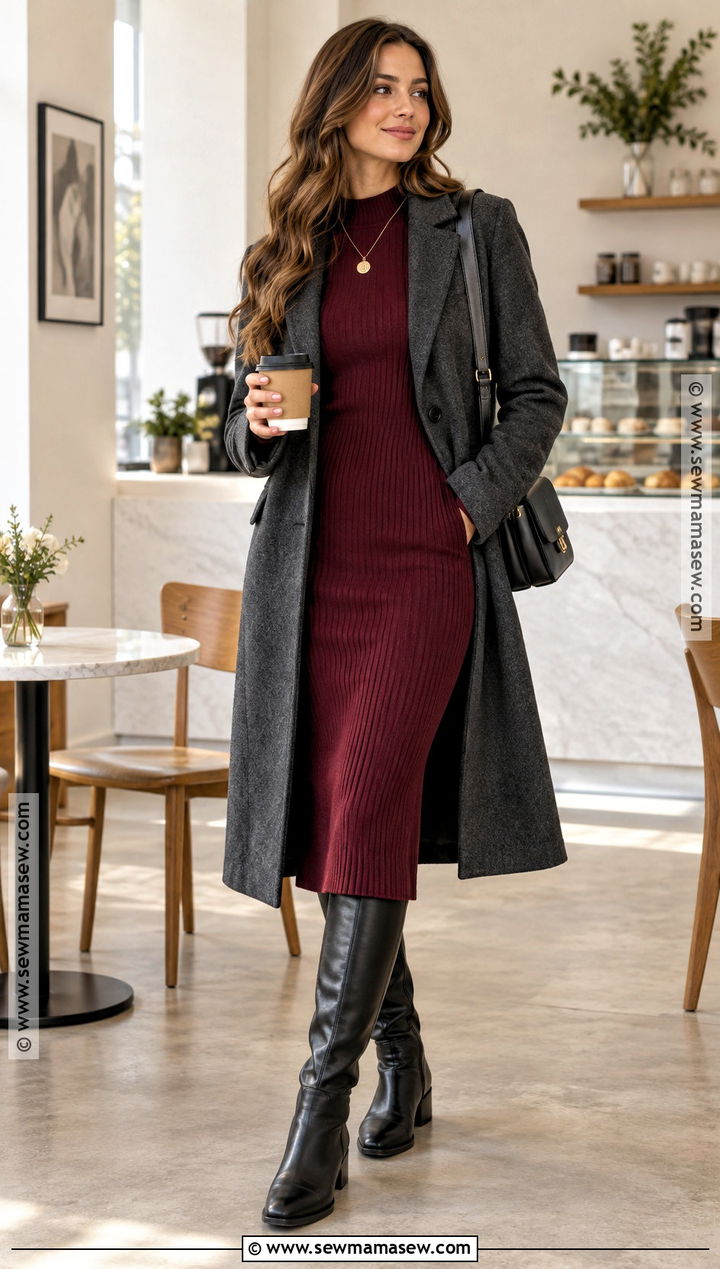 Knit Midi Dress And Knee High Boots Coffee Date Outfit - 15 coffe date autumn outfit ideas
