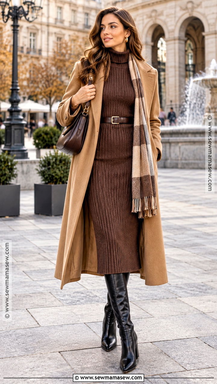 Knit Midi Dress And Knee High Boots Outfit - 15 autumn street style ensemble ideas