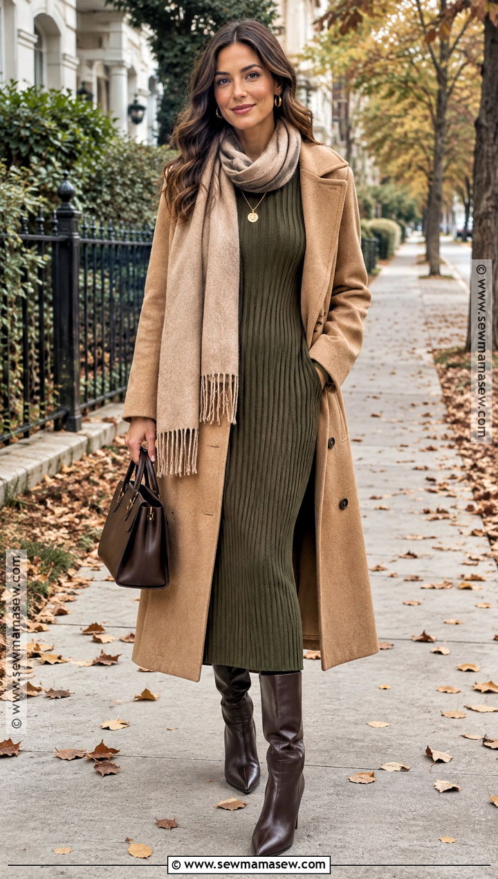 Knit Midi Dress And Long Coat Thanksgiving Outfit - 15 cute fall thanksgiving outfits