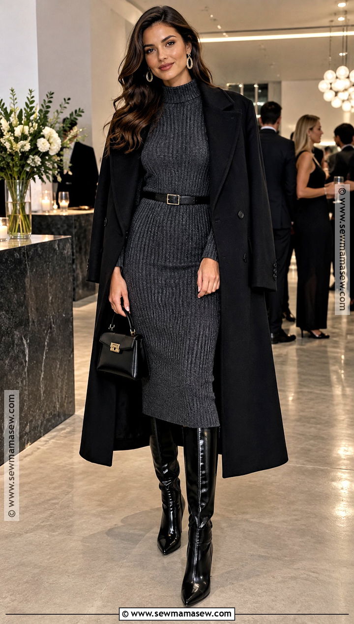 Knit Midi Dress And Statement Boots Autumn Party Outfit - 25 autumn party outfit night ideas