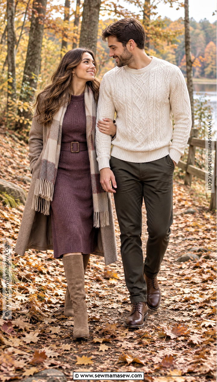 Knit Midi Dress And Tall Boots Autumn Engagement Photo Outfit - 20 autumn engagement photos outfits