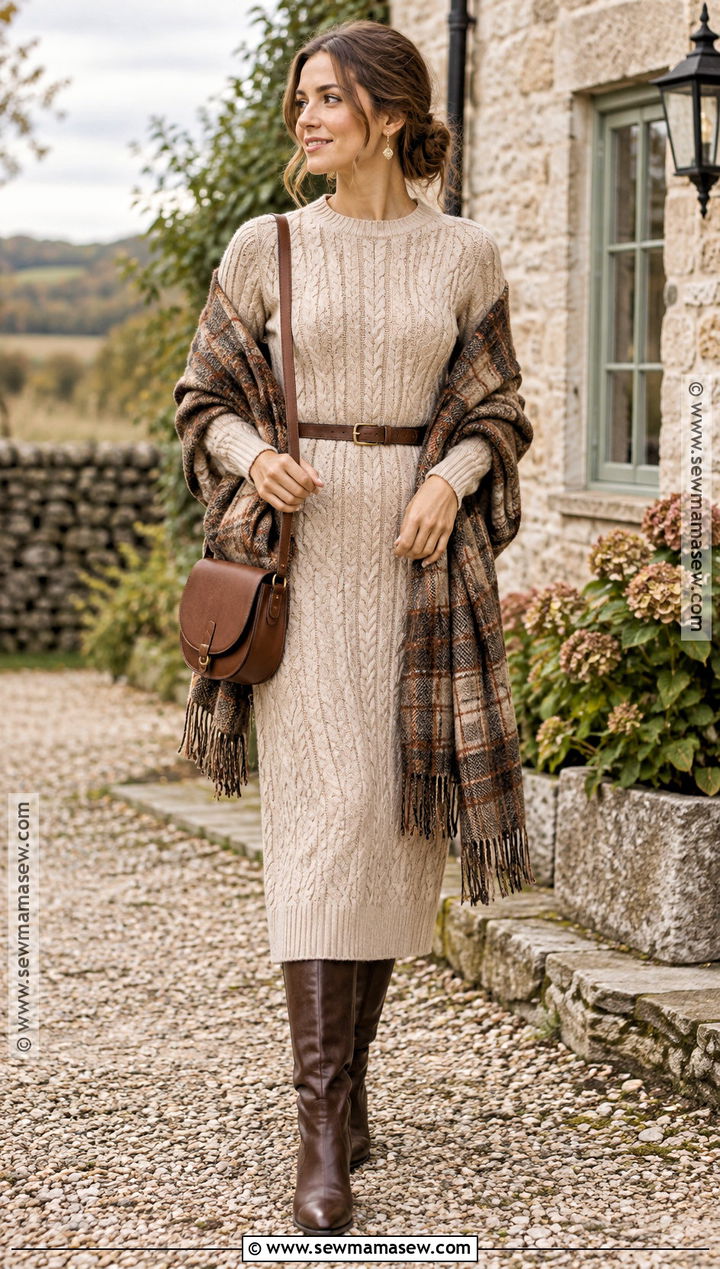 Knit Midi Dress And Tall Boots Cottagecore Fall Outfit - 20 cottagecore fall outfits