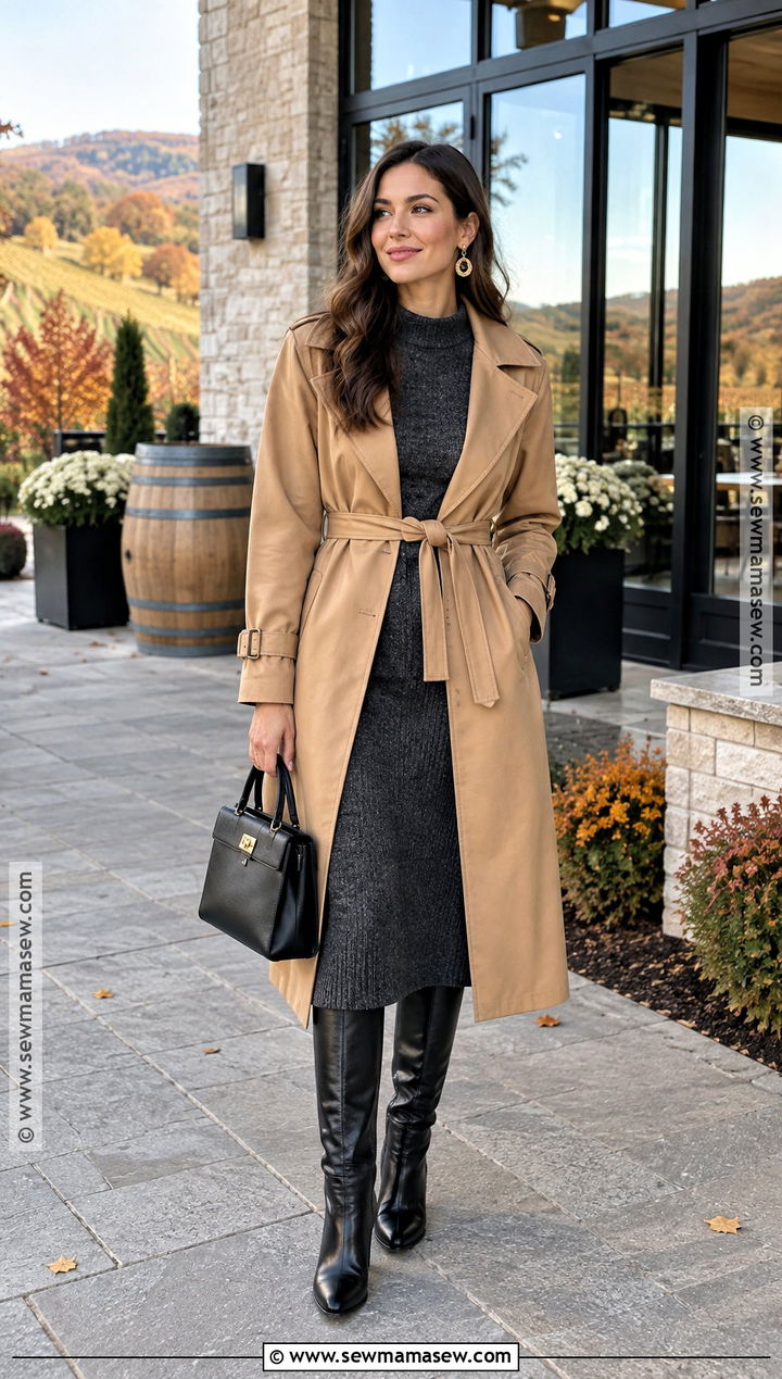Knit Midi Dress Winery Outfit With Tall Boots - 20 Winery Outfit Fall Wine Tasting Ideas