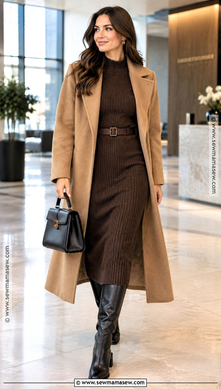 Knit Midi Dress With Knee High Boots - 15 Fall Business Casual Outfits With Boots