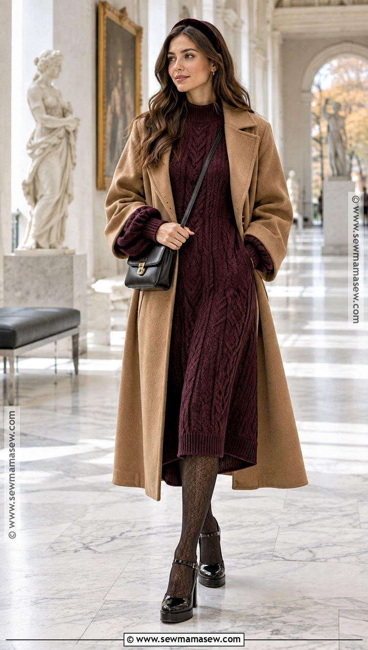 Knit Midi Dress With Patterned Tights And Mary Janes - 20 Fall Whimsical Outfit Ideas