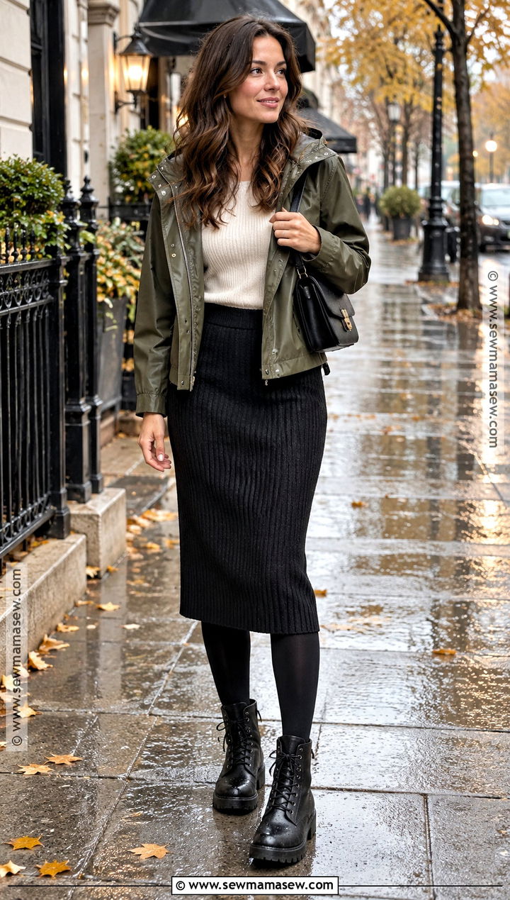 Knit Midi Skirt With Rain Jacket And Lace Up Boots - 15 comfy rainy day outfit fall ideas