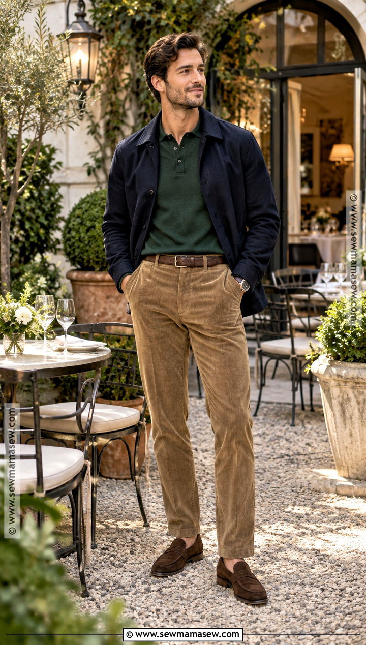 Knit Polo And Corduroy Trousers Fall Outfit - 20 fall outfit inspo ideas for men